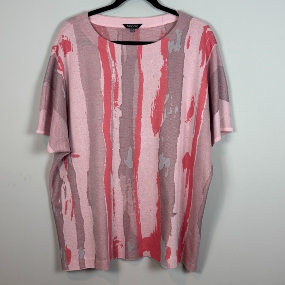 Misook Brushstoke Print Knit Top Pink SZ Small/Medium Art to wear designer *FLAW